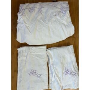 100% Linen Duvet Cover Set Full Size White Color Purple Embroidered CL